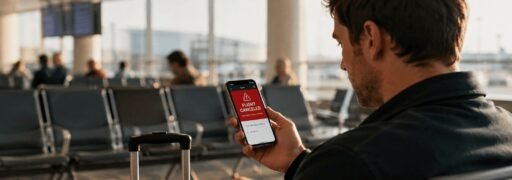 Passenger checking flight cancellation notification at airport