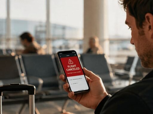 Passenger checking flight cancellation notification at airport