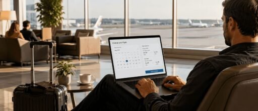 Traveler changing flight date on laptop at airport