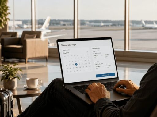 Traveler changing flight date on laptop at airport