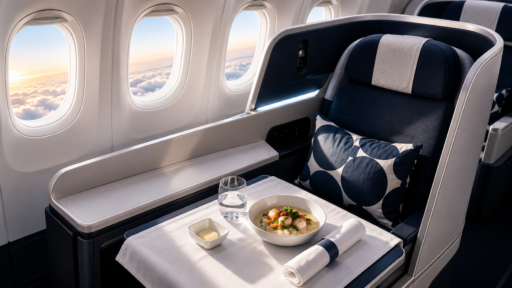 Finnair Business Class cabin featuring AirLounge seating, premium dining, and a luxury in-flight experience.
