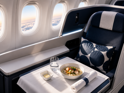 Finnair Business Class cabin featuring AirLounge seating, premium dining, and a luxury in-flight experience.
