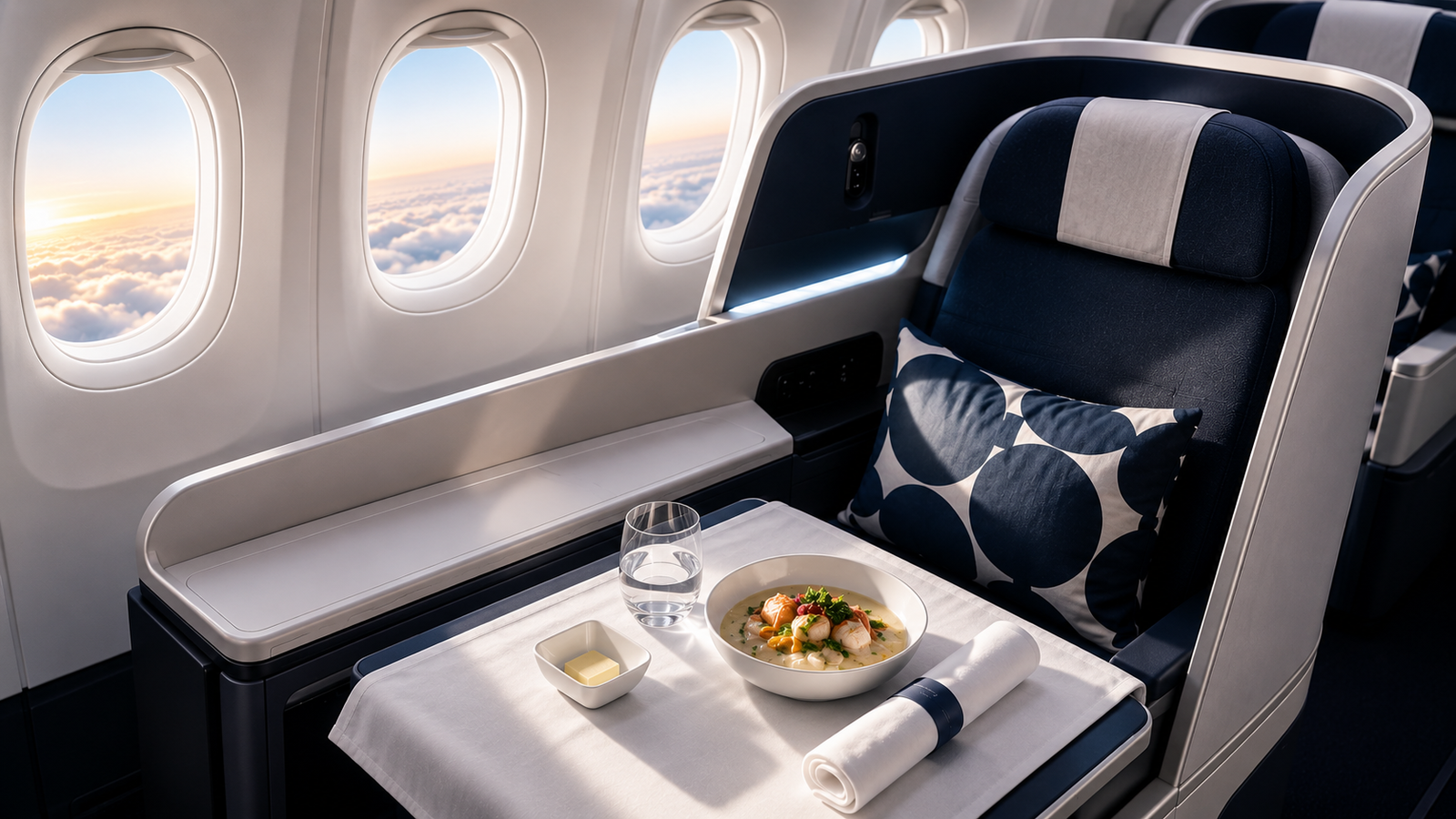 Finnair Business Class cabin featuring AirLounge seating, premium dining, and a luxury in-flight experience.