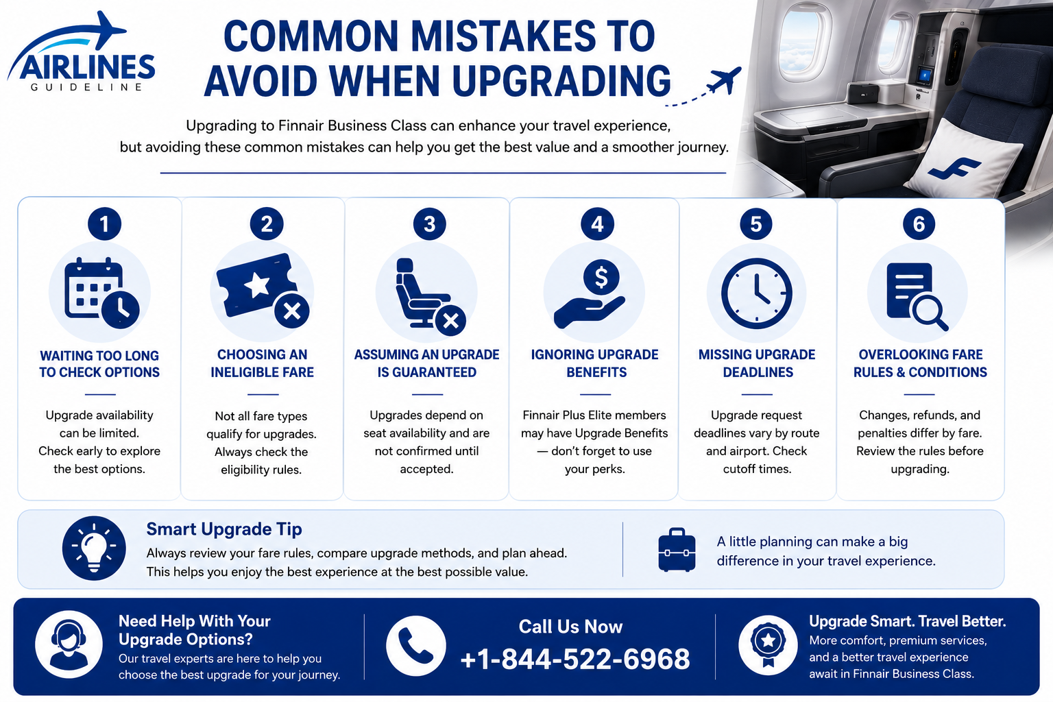 Common mistakes to avoid when upgrading to Finnair Business Class infographic highlighting six mistakes including waiting too long, choosing an ineligible fare, assuming upgrades are guaranteed, ignoring benefits, missing deadlines, and overlooking fare rules.