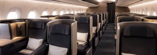 Finnair business class cabin with lie-flat seats
