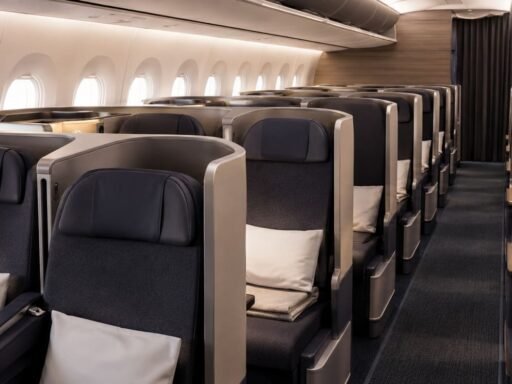Finnair business class cabin with lie-flat seats