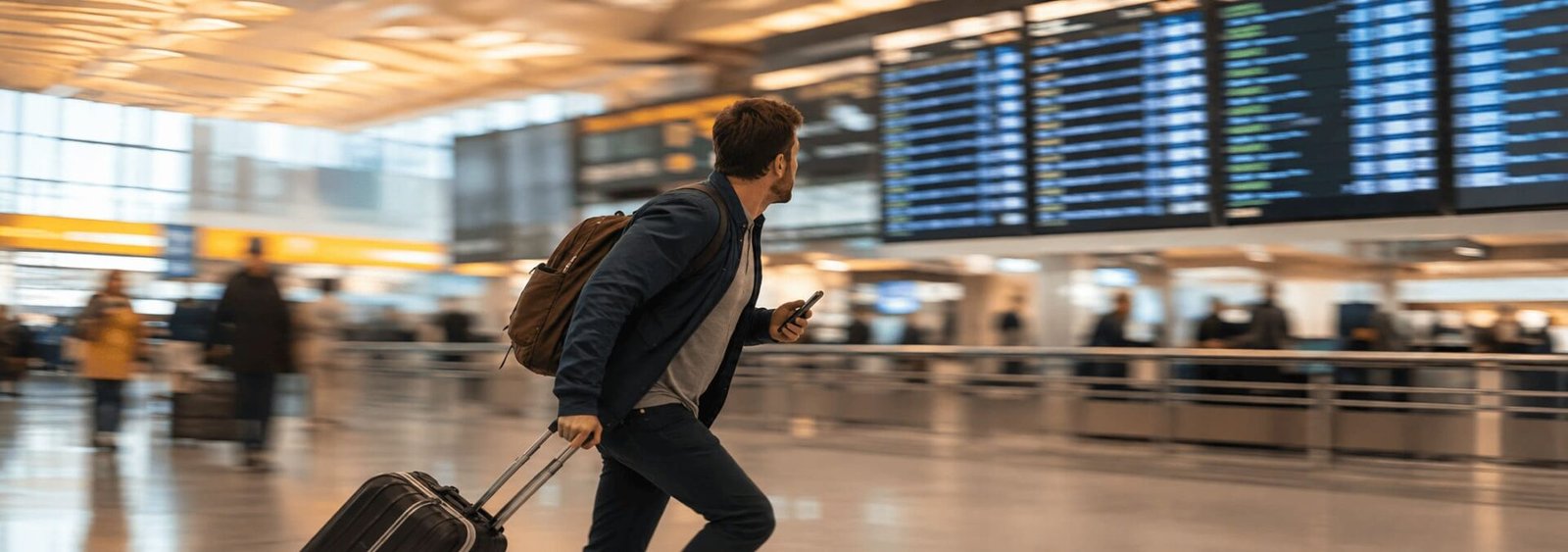 Stressed traveler running through airport terminal