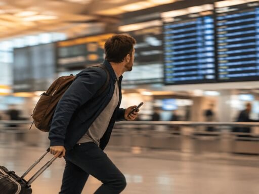 Stressed traveler running through airport terminal