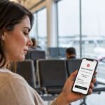 Traveler checking flight cancellation confirmation at airport