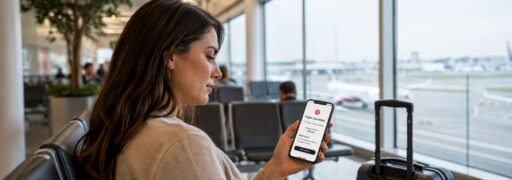 Traveler checking flight cancellation confirmation at airport