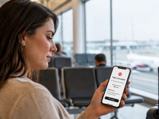 Traveler checking flight cancellation confirmation at airport
