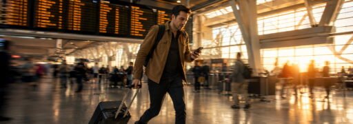 Traveler hurrying through airport terminal with suitcase