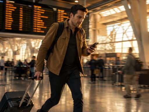 Traveler hurrying through airport terminal with suitcase