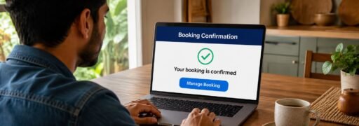 Traveler managing Finnair booking on laptop at home