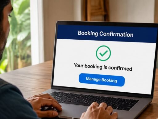 Traveler managing Finnair booking on laptop at home