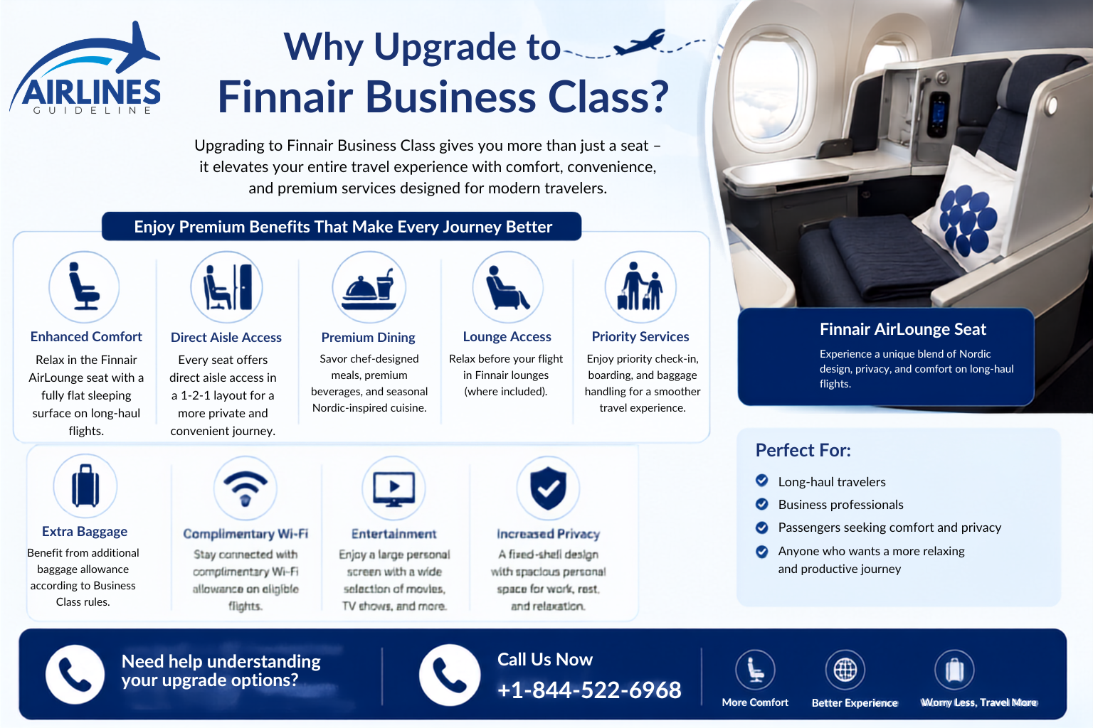 the benefits of upgrading to Finnair Business Class, including AirLounge seats, direct aisle access, premium dining, lounge access, priority services, extra baggage, complimentary Wi-Fi, entertainment, and increased privacy.