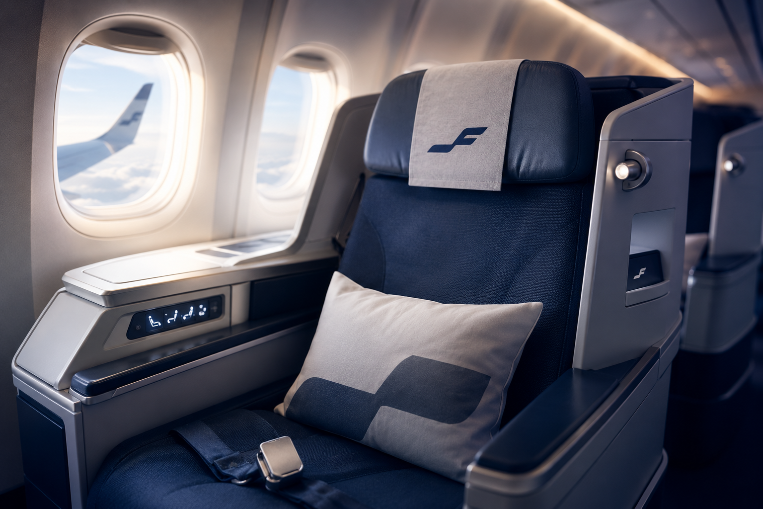 Finnair Business Class seat inside a modern aircraft cabin with a window view during flight.