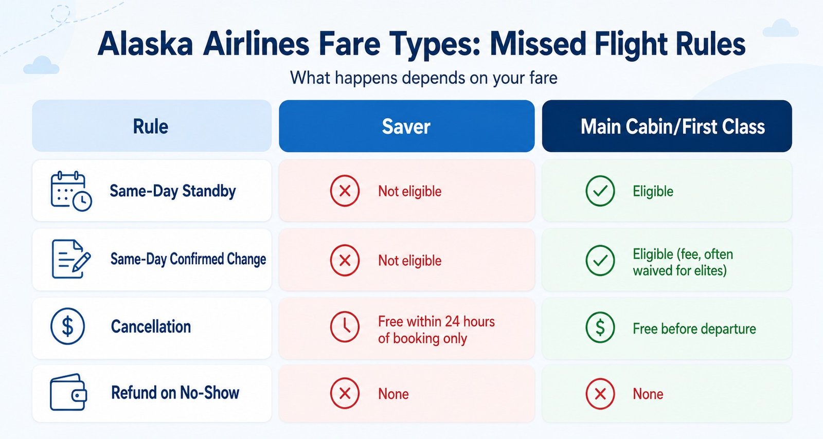 Alaska Airlines fare types missed flight rules comparison