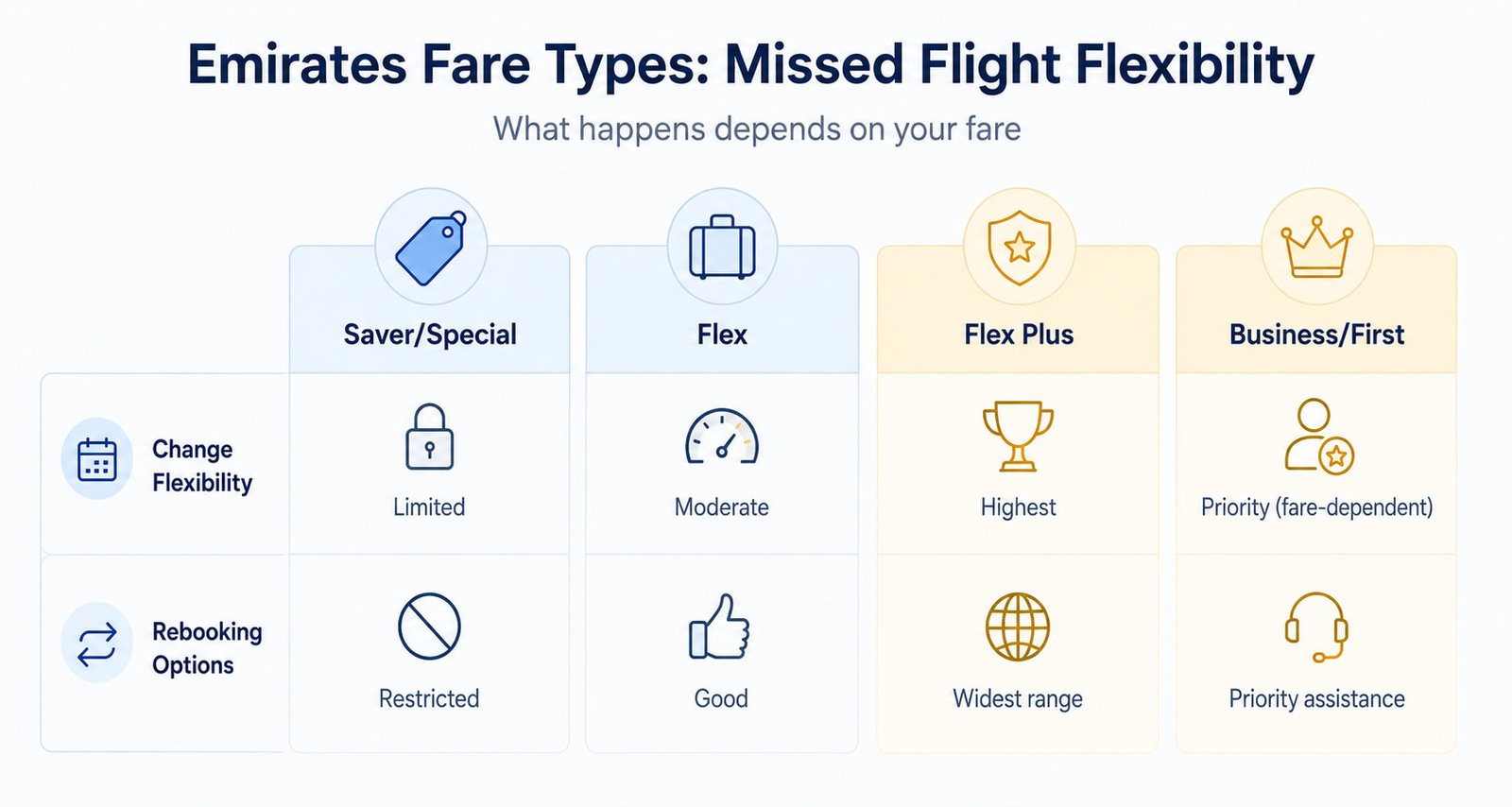 Emirates fare types missed flight flexibility comparison