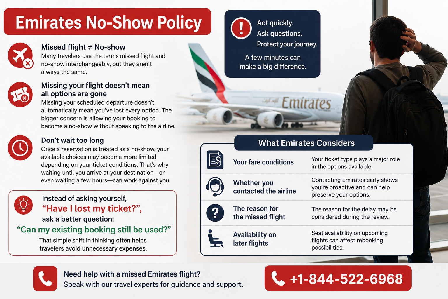 Emirates no-show policy explaining the difference between a missed flight and a no-show, factors affecting rebooking, and steps to protect your booking after missing an Emirates flight.