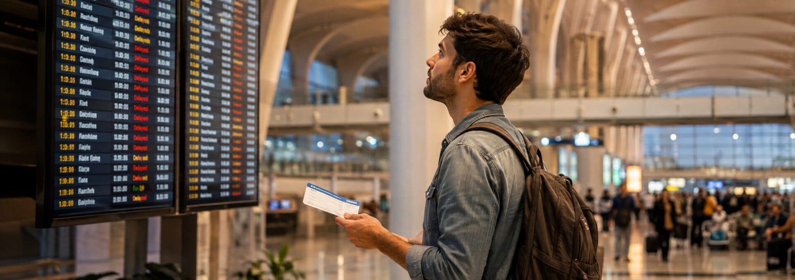 Traveler checking departure board at international airport