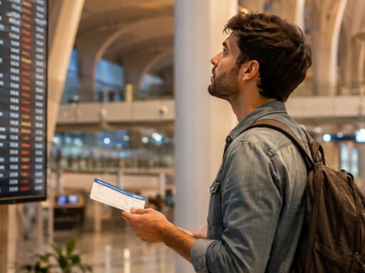 Traveler checking departure board at international airport