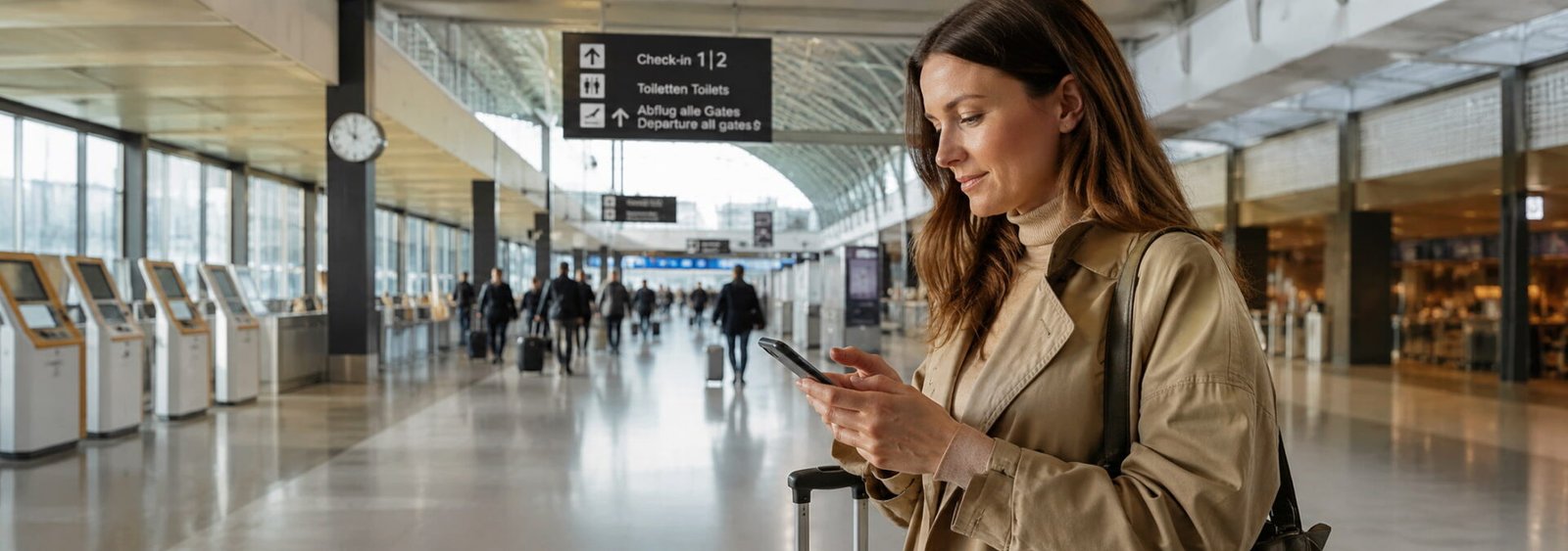 Traveler checking flight booking at European airport