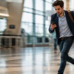 Traveler rushing through airport terminal checking phone