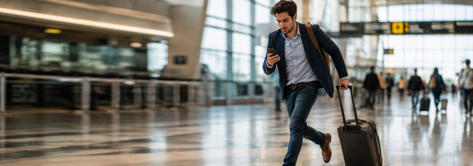 Traveler rushing through airport terminal checking phone