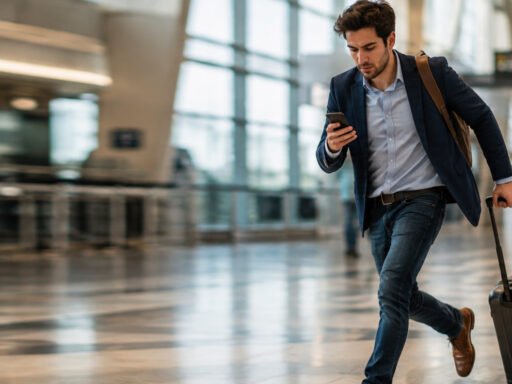 Traveler rushing through airport terminal checking phone