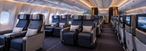 Premium economy cabin with wide seats and legroom