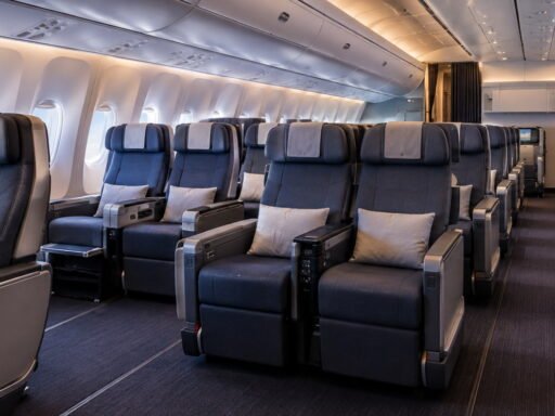 Premium economy cabin with wide seats and legroom