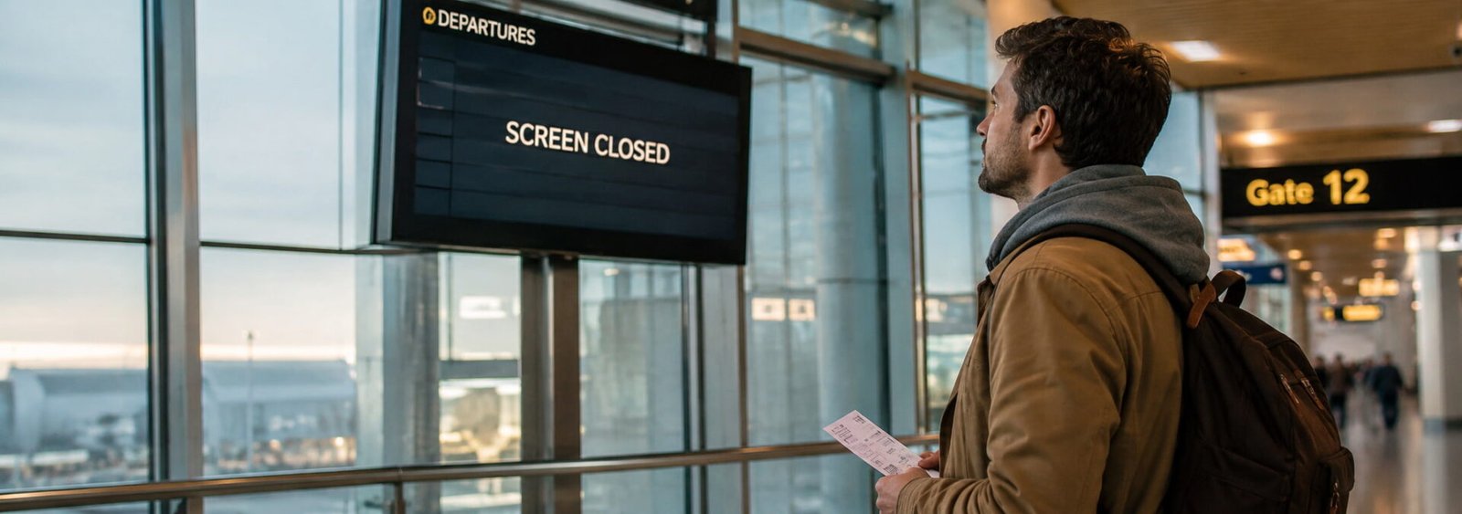 Traveler at airport gate looking at closed departure screen