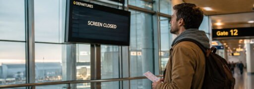 Traveler at airport gate looking at closed departure screen