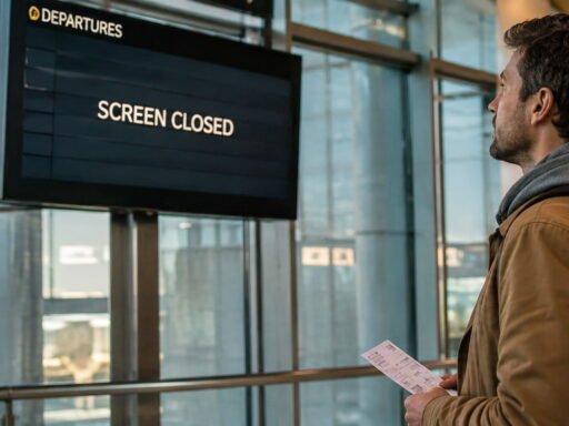 Traveler at airport gate looking at closed departure screen