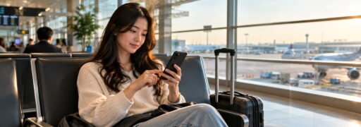 Traveler checking flight change options on phone