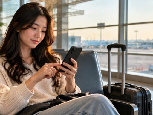 Traveler checking flight change options on phone