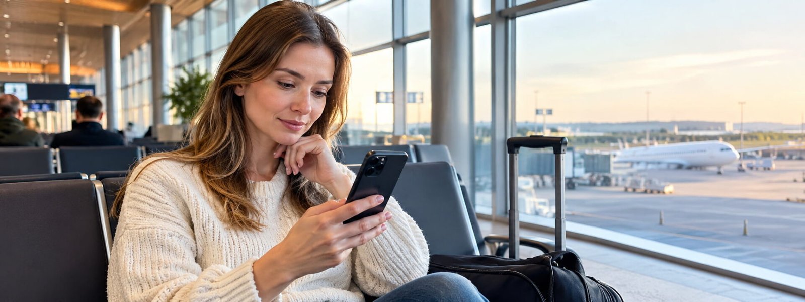 Traveler checking Finnair Plus points at airport gate