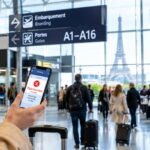 Traveler checking flight cancellation at airport