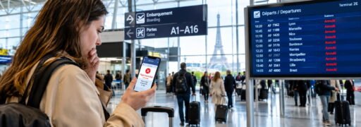 Traveler checking flight cancellation at airport