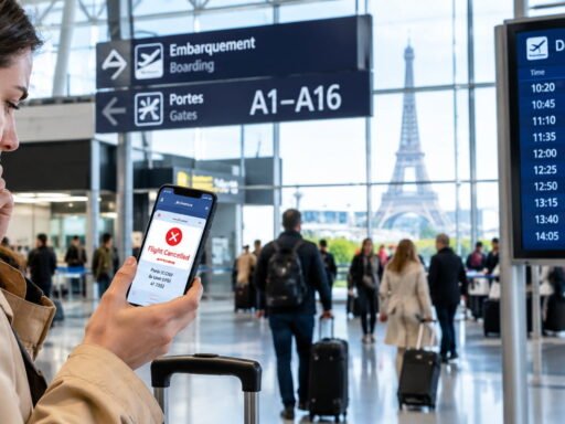 Traveler checking flight cancellation at airport