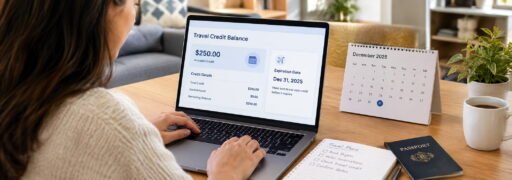 Traveler checking travel credit balance on laptop