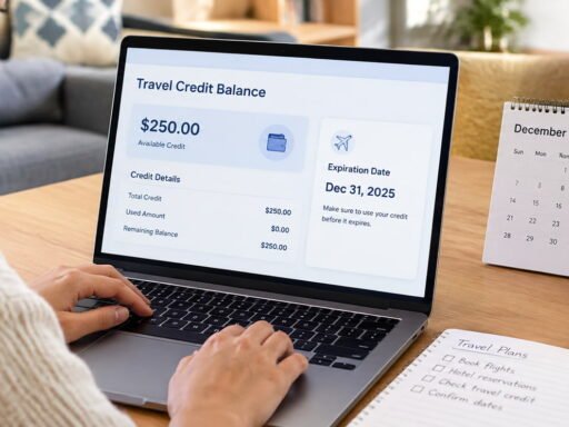 Traveler checking travel credit balance on laptop