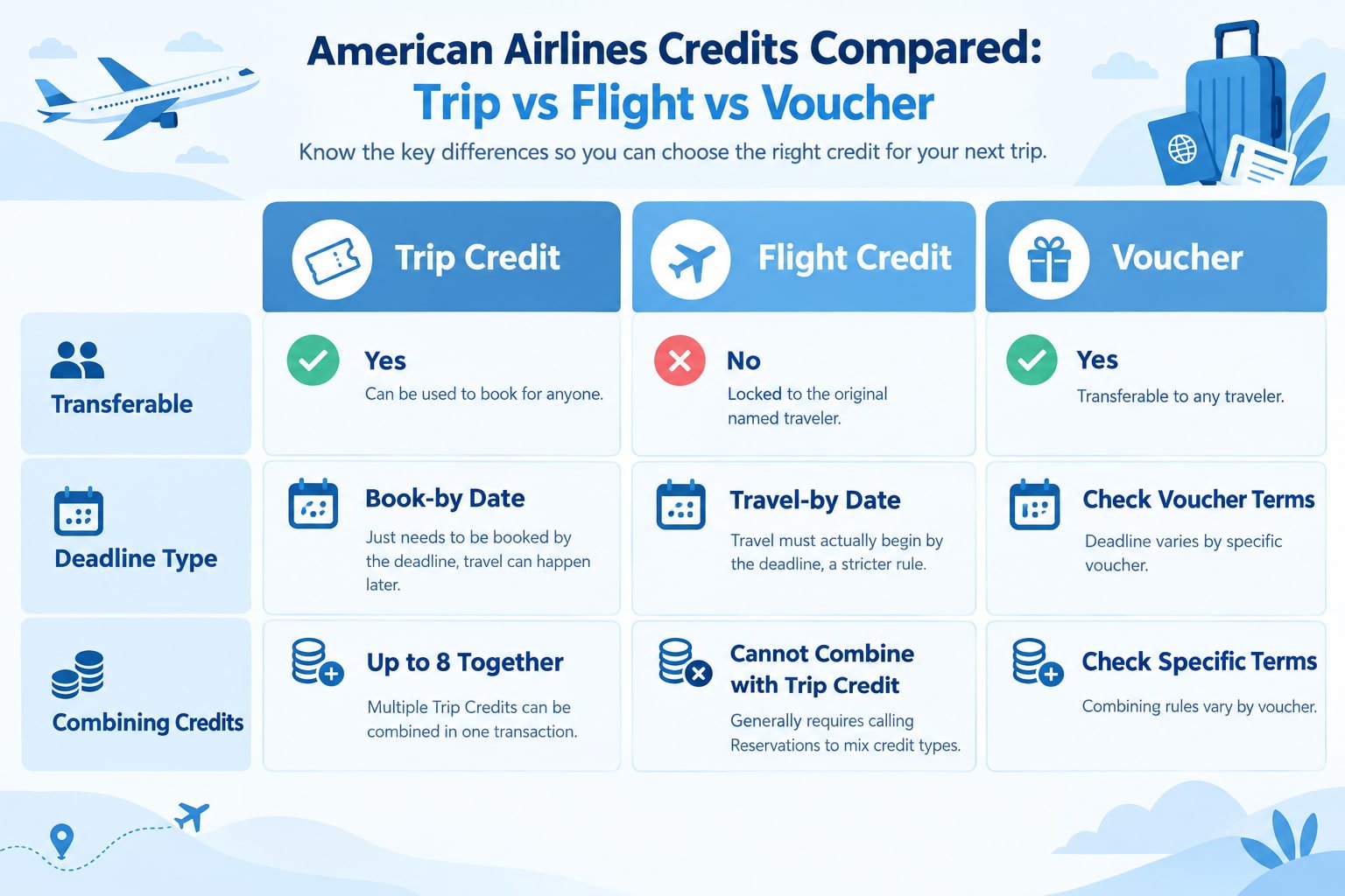 American Airlines Trip Credit vs Flight Credit comparison