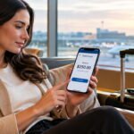 Traveler checking travel credit balance at airport