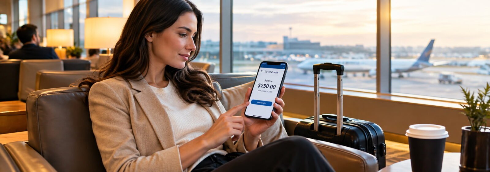 Traveler checking travel credit balance at airport