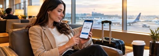 Traveler checking travel credit balance at airport