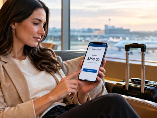 Traveler checking travel credit balance at airport